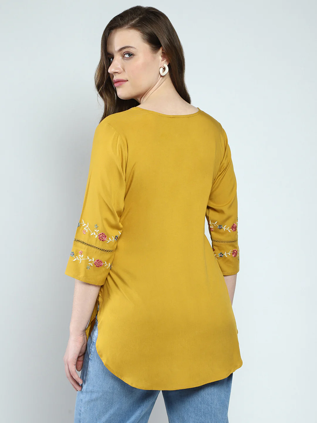 Women Mustard Embroidered Round Neck 3/4th Sleeve Top - Image 5