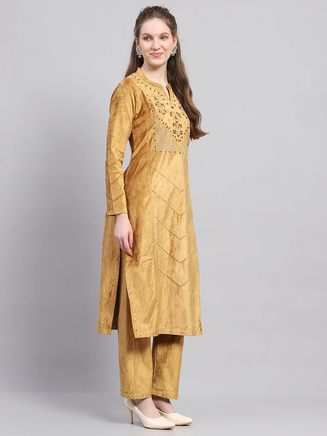 Women Mustard Embroidered Round Neck Full Sleeve Kurti Set with Stole - Image 4