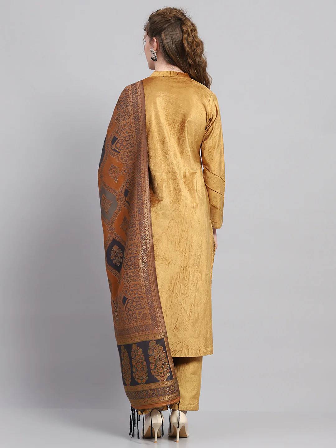Women Mustard Embroidered Round Neck Full Sleeve Kurti Set with Stole - Image 5