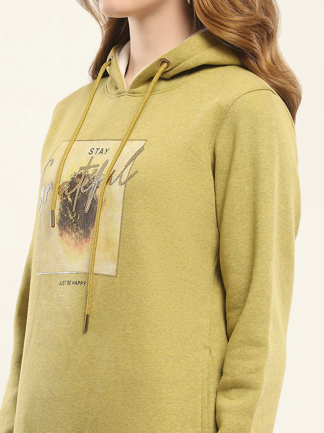 Women Mustard Printed Hooded Full Sleeve Sweatshirt - Image 6