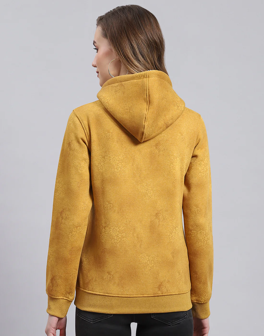Women Mustard Printed Hooded Full Sleeve Sweatshirt - Image 5