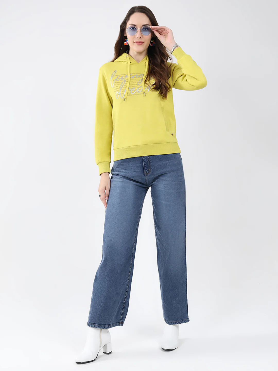 Women Mustard Printed Hooded Full Sleeve Sweatshirt - Image 2