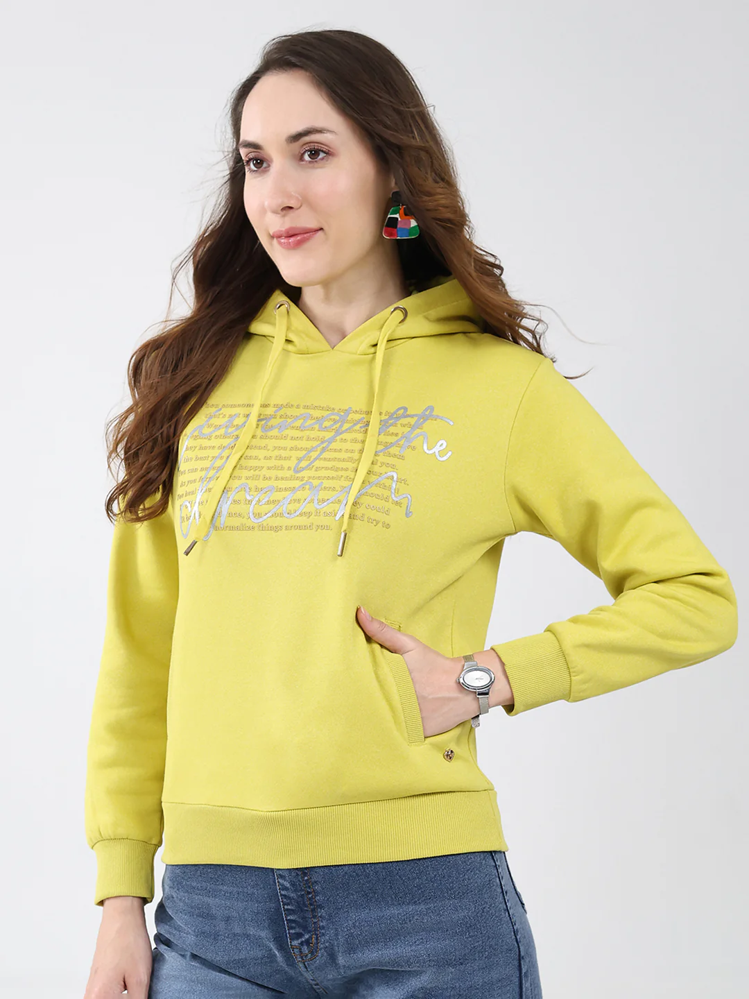 Women Mustard Printed Hooded Full Sleeve Sweatshirt - Image 3