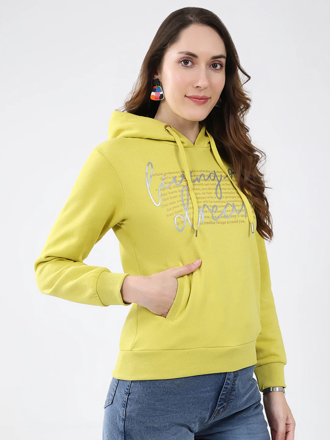 Women Mustard Printed Hooded Full Sleeve Sweatshirt - Image 4