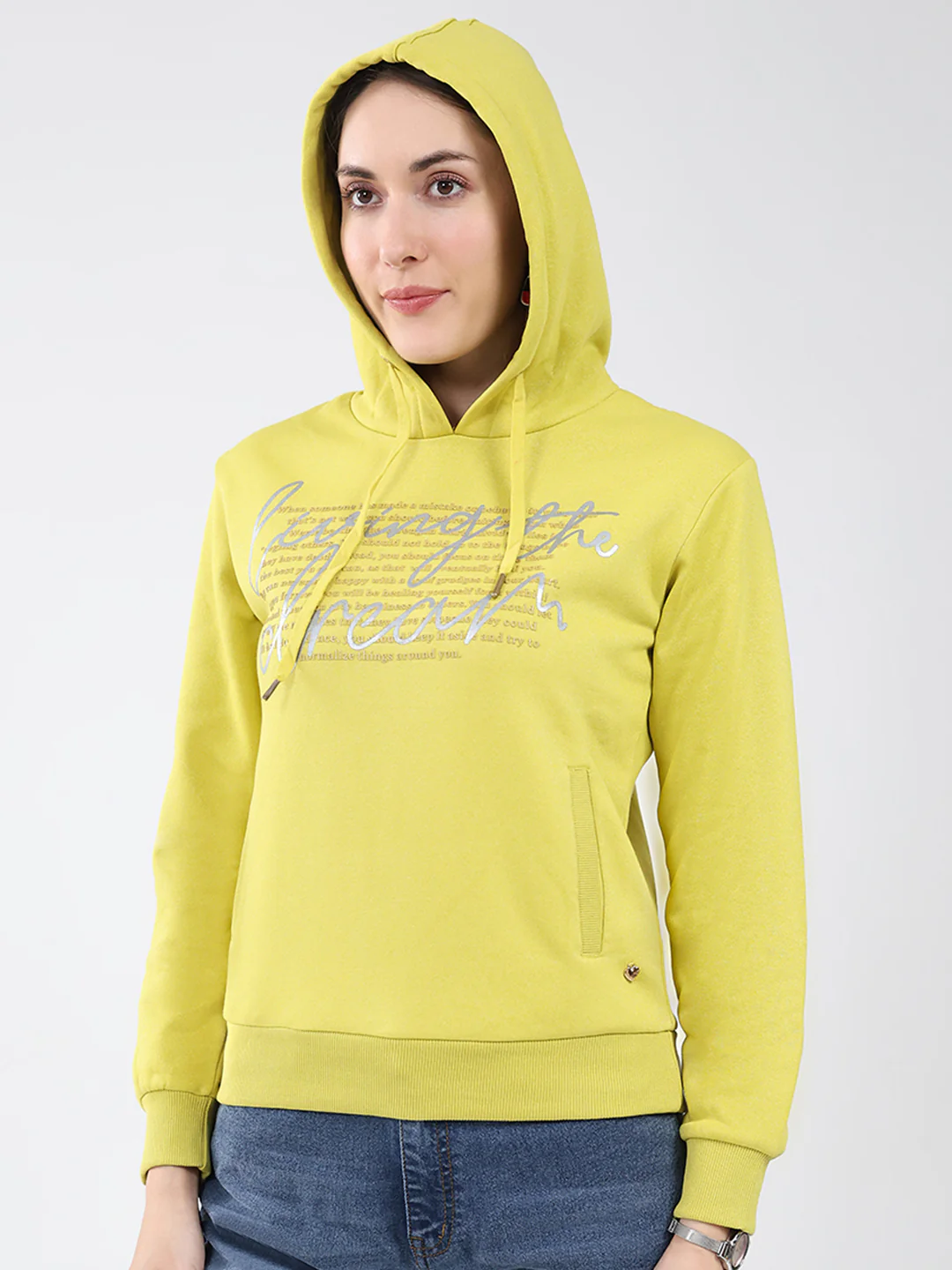 Women Mustard Printed Hooded Full Sleeve Sweatshirt - Image 7