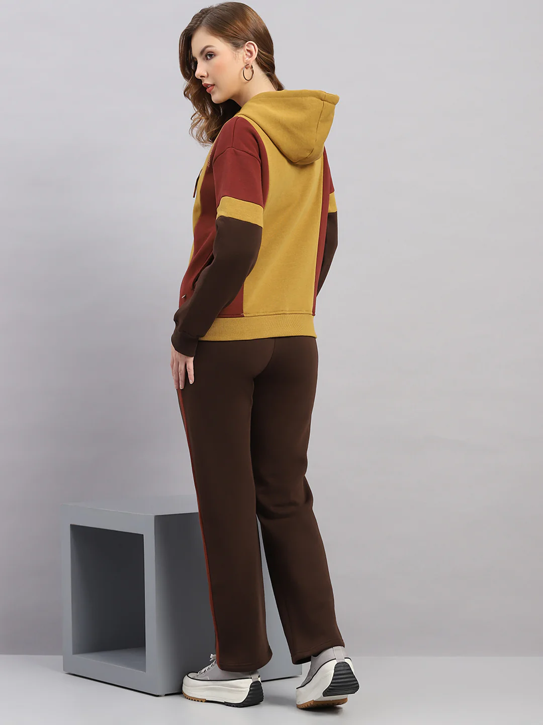 Women Mustard Printed Hooded Full Sleeve Winter Tracksuit - Image 5