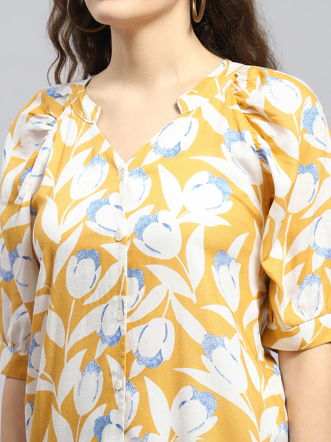 Women Mustard Printed Mandarin Collar 3/4 Sleeve Tunic - Image 6