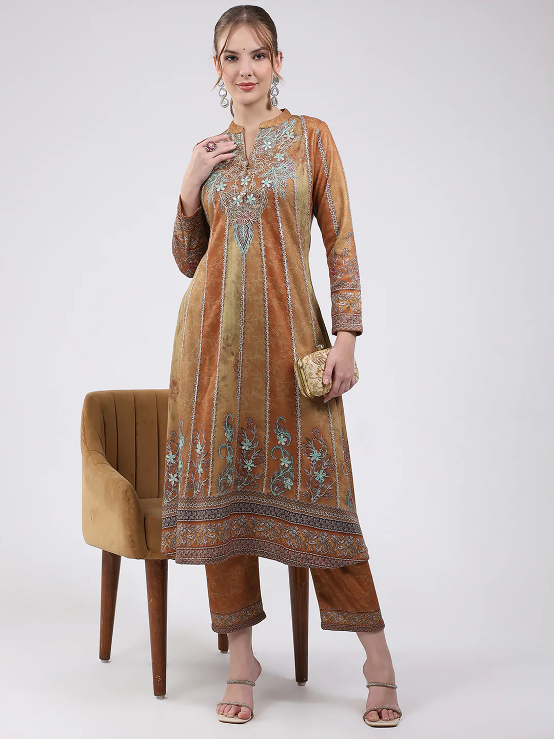 Women Mustard Printed Round Neck Full Sleeve Kurti Set for Winter - Image 3
