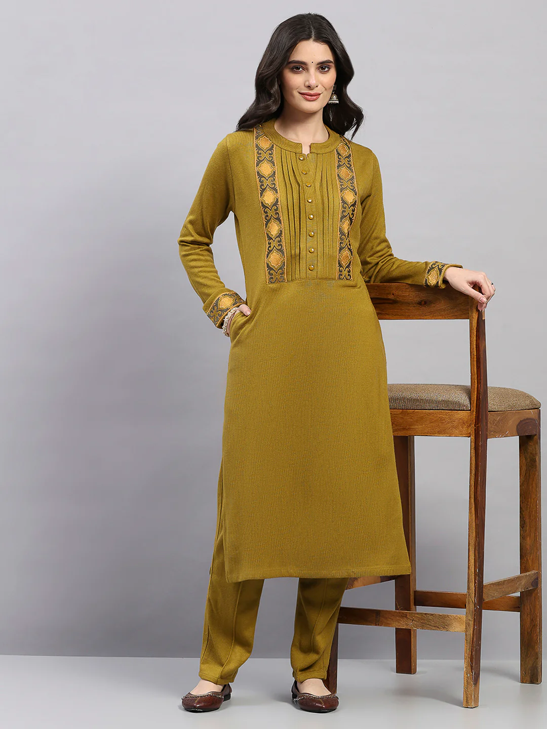 Women Mustard Printed Round Neck Full Sleeve Kurti Set for Winter - Image 2