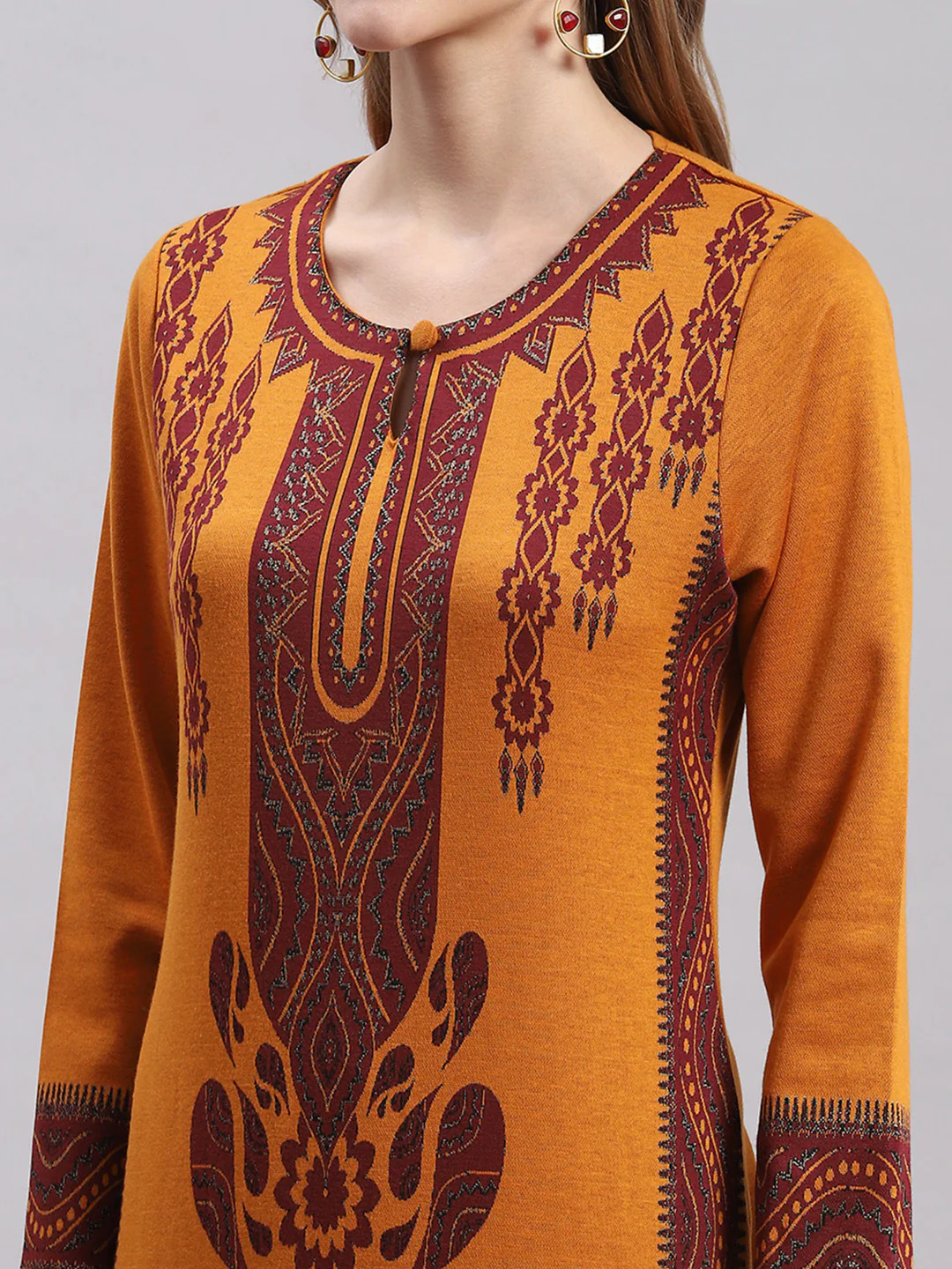 Women Mustard Printed Round Neck Full Sleeve Kurtis - Image 2