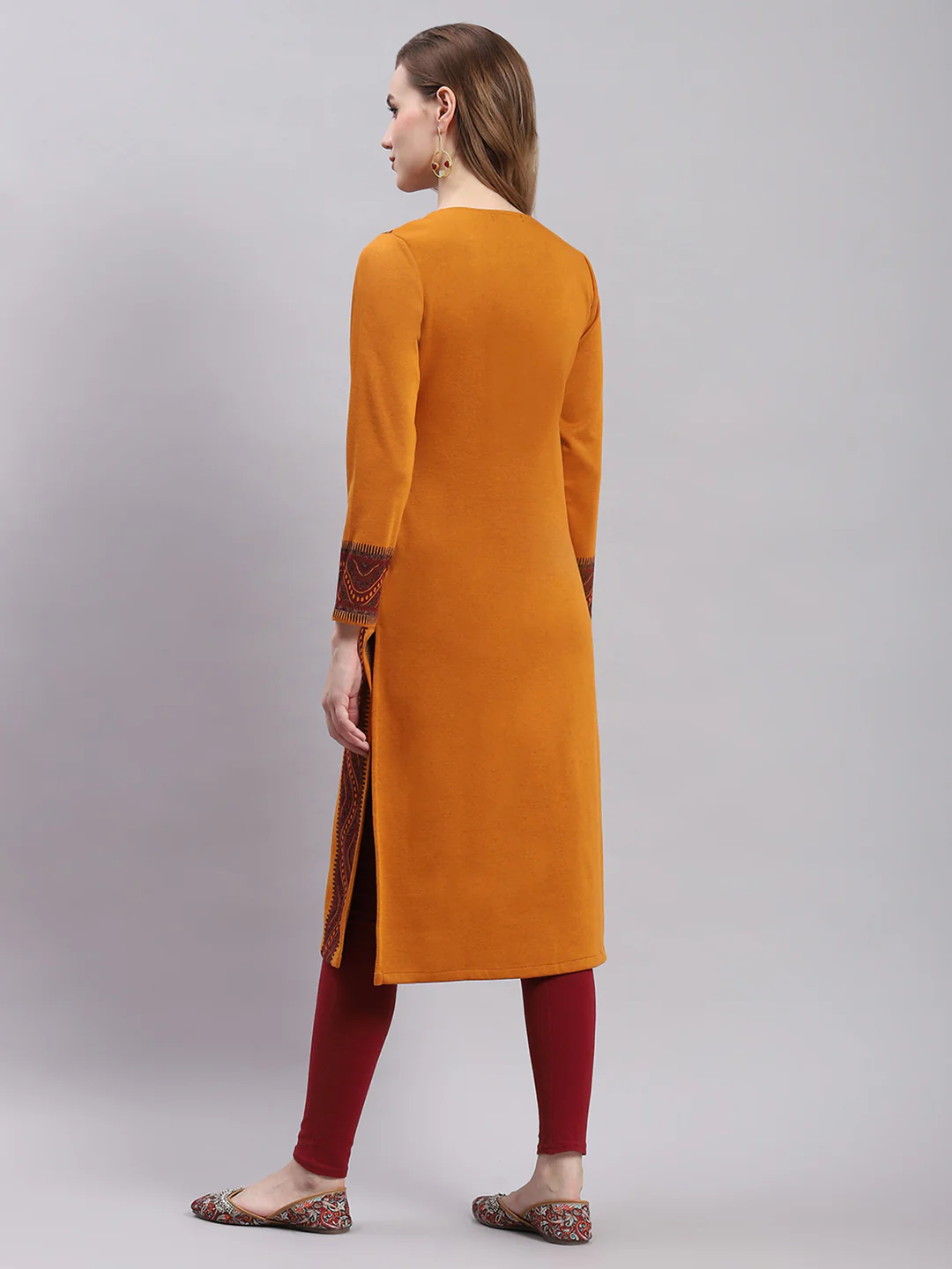 Women Mustard Printed Round Neck Full Sleeve Kurtis - Image 6