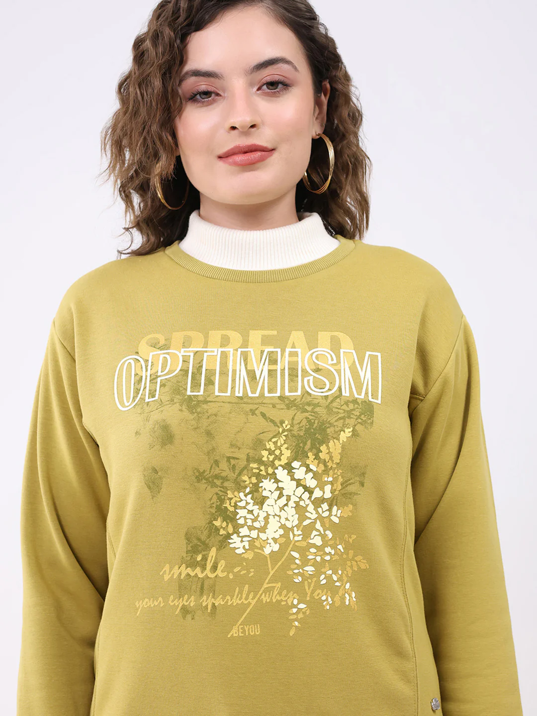 Women Mustard Printed Round Neck Full Sleeve Sweatshirt - Image 6