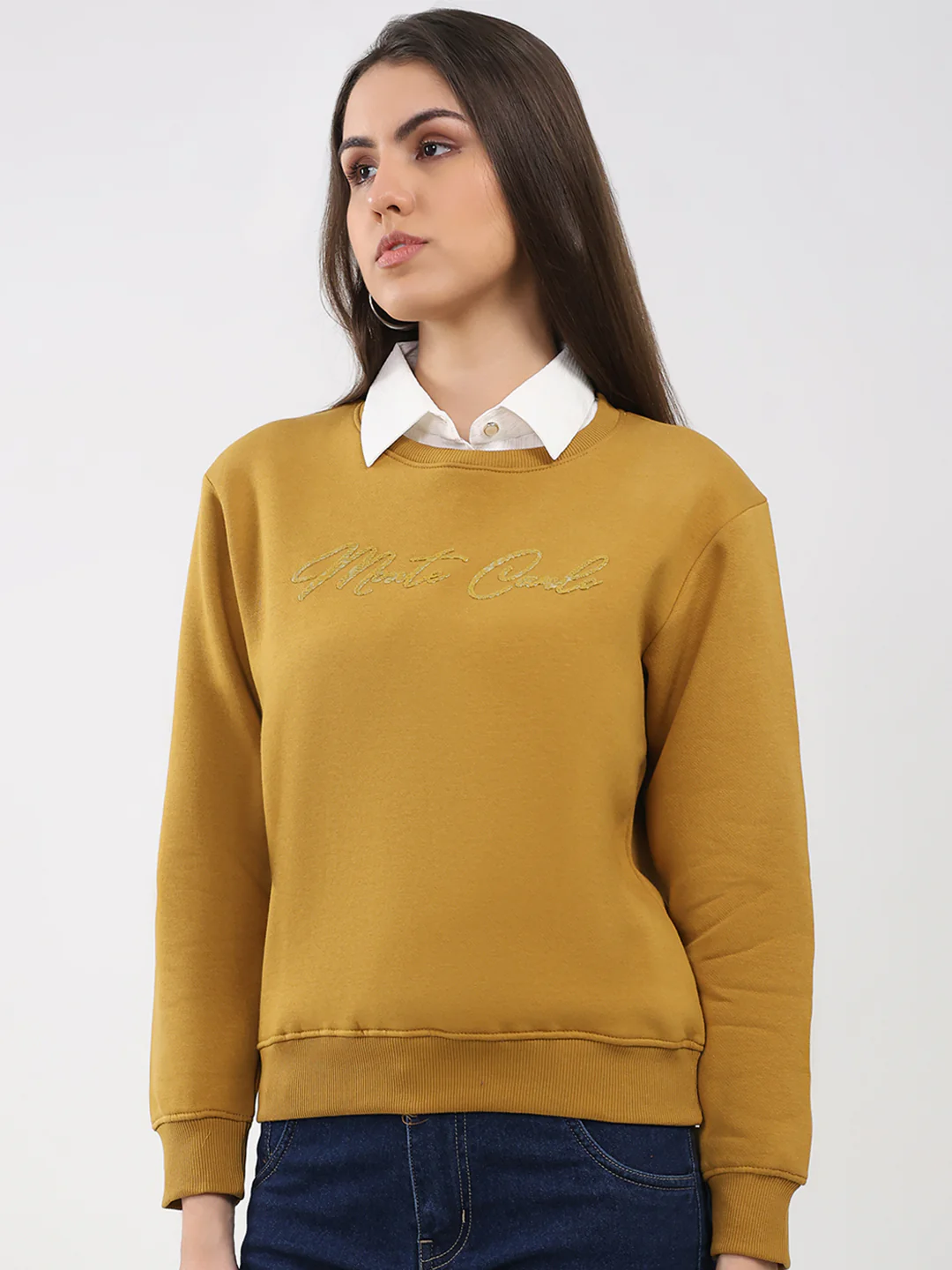 Women Mustard Printed Round Neck Full Sleeve Sweatshirt - Image 3