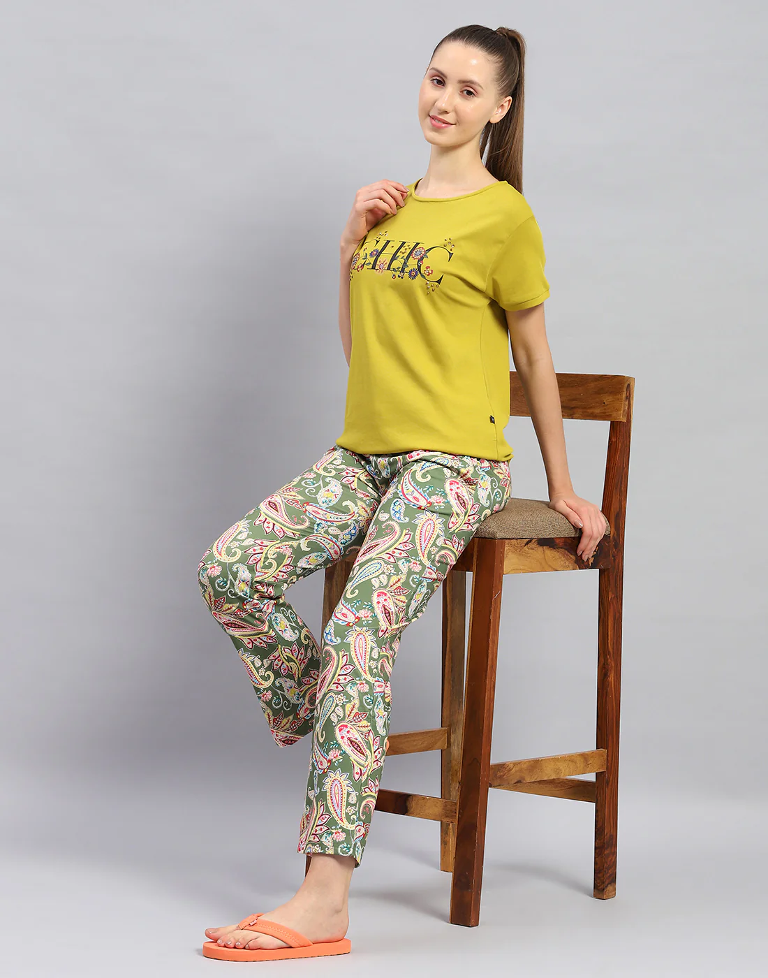 Women Mustard Printed Round Neck Half Sleeve Lower Set - Image 2