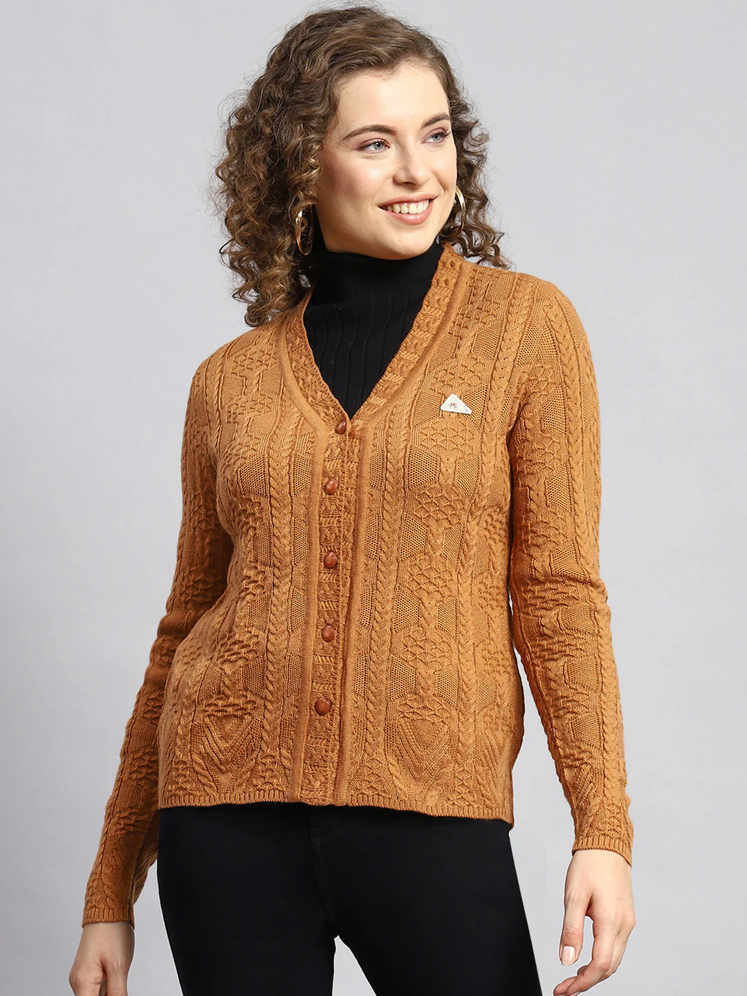 Women Mustard Self Cardigan - Image 2