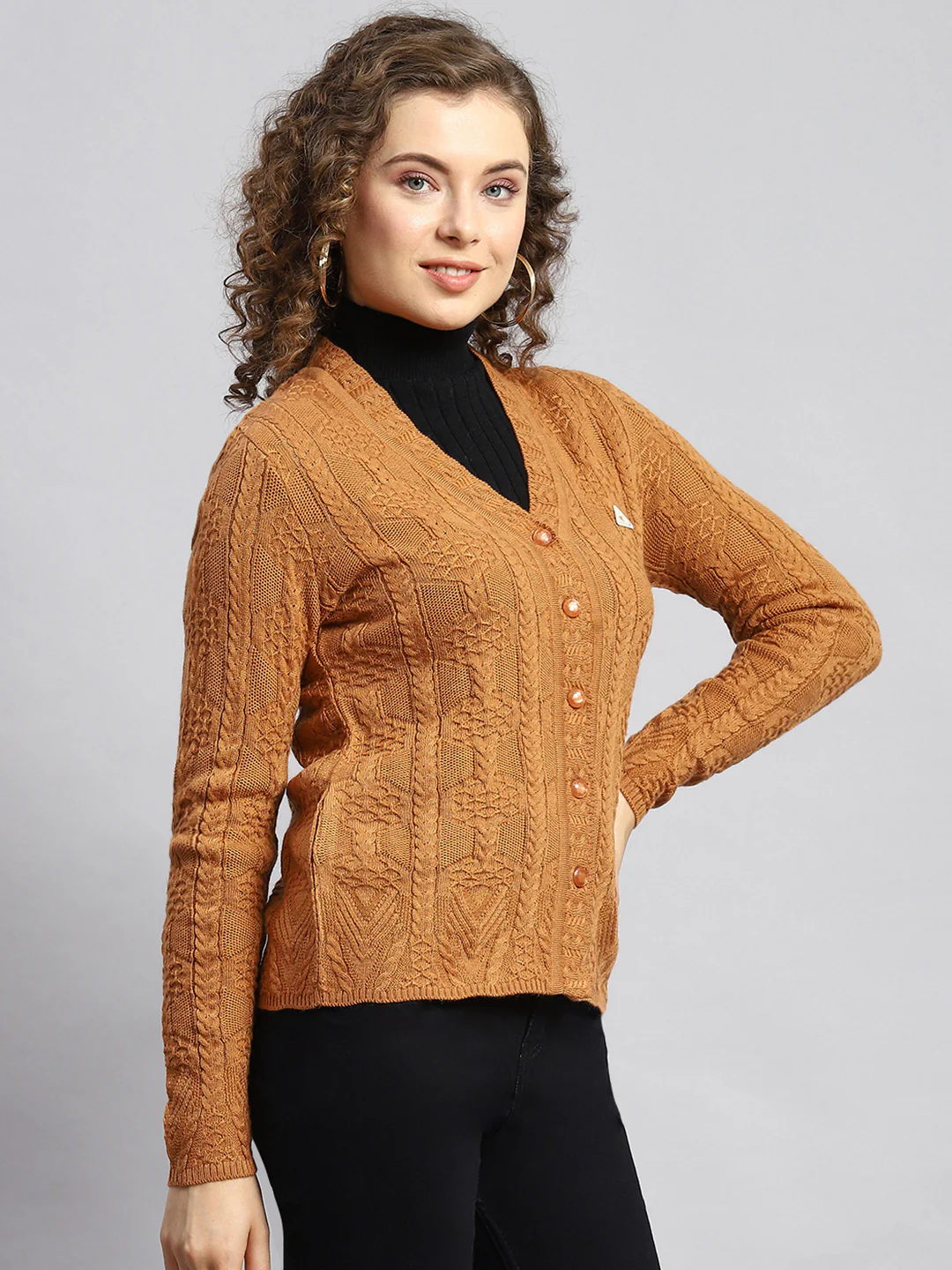 Women Mustard Self Cardigan - Image 3