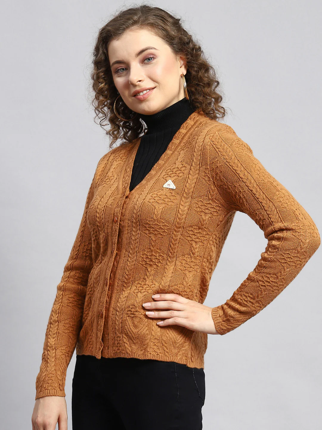 Women Mustard Self Cardigan - Image 4