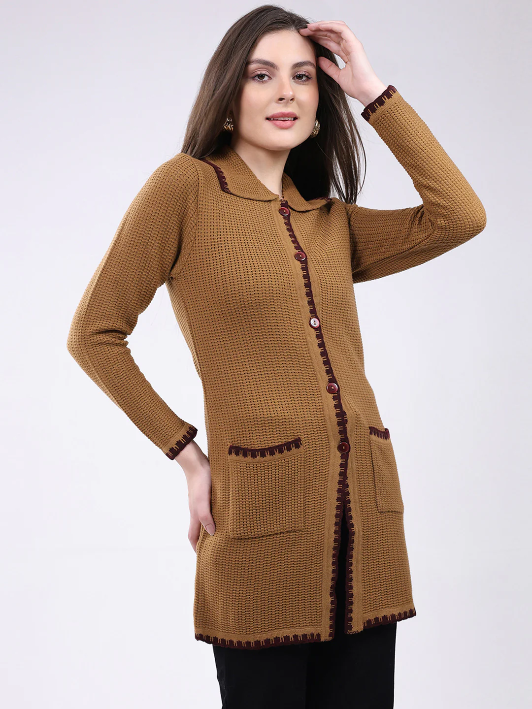 Women Mustard Self Design Collar Full Sleeve Cardigan - Image 4