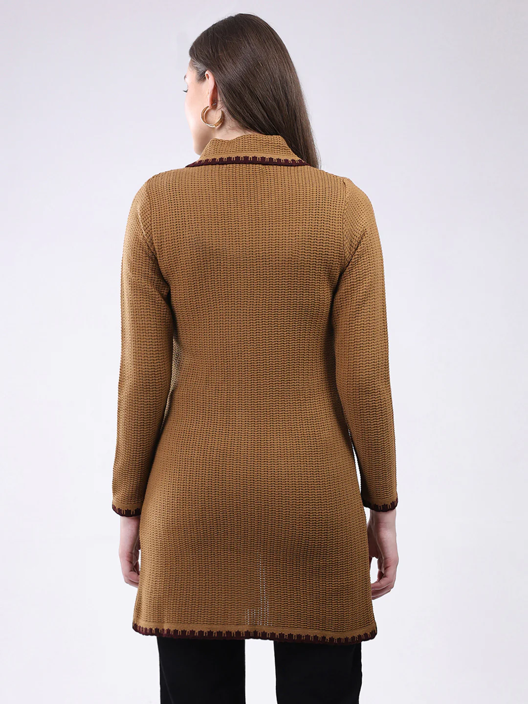 Women Mustard Self Design Collar Full Sleeve Cardigan - Image 5