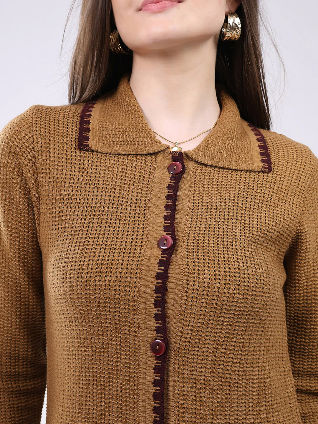 Women Mustard Self Design Collar Full Sleeve Cardigan - Image 7