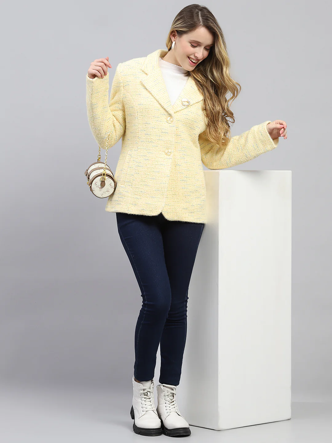 Women Mustard Self Design Collar Full Sleeve Coat - Image 2