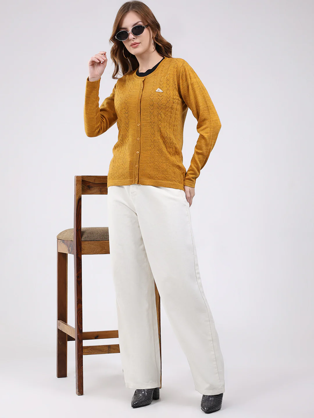 Women Mustard Self Design Round Neck Full Sleeve Cardigan - Image 2