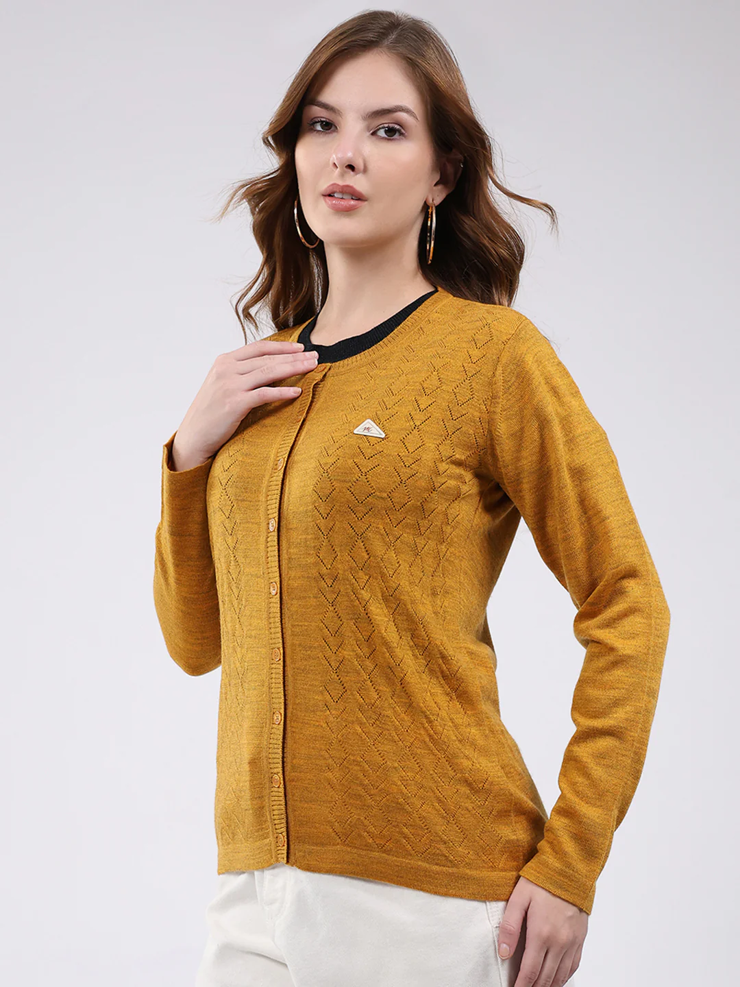 Women Mustard Self Design Round Neck Full Sleeve Cardigan - Image 3