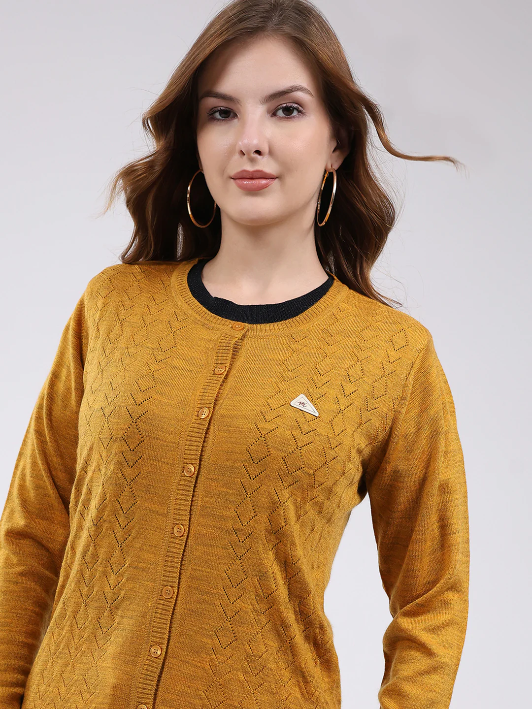 Women Mustard Self Design Round Neck Full Sleeve Cardigan - Image 6