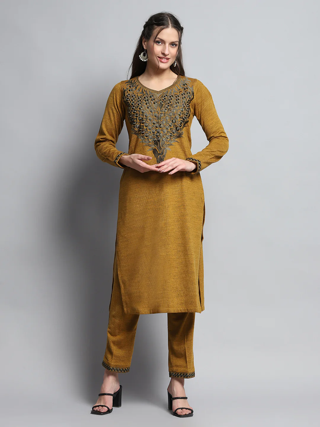 Women Mustard Self Design Round Neck Full Sleeve Kurti Set for Winter - Image 3