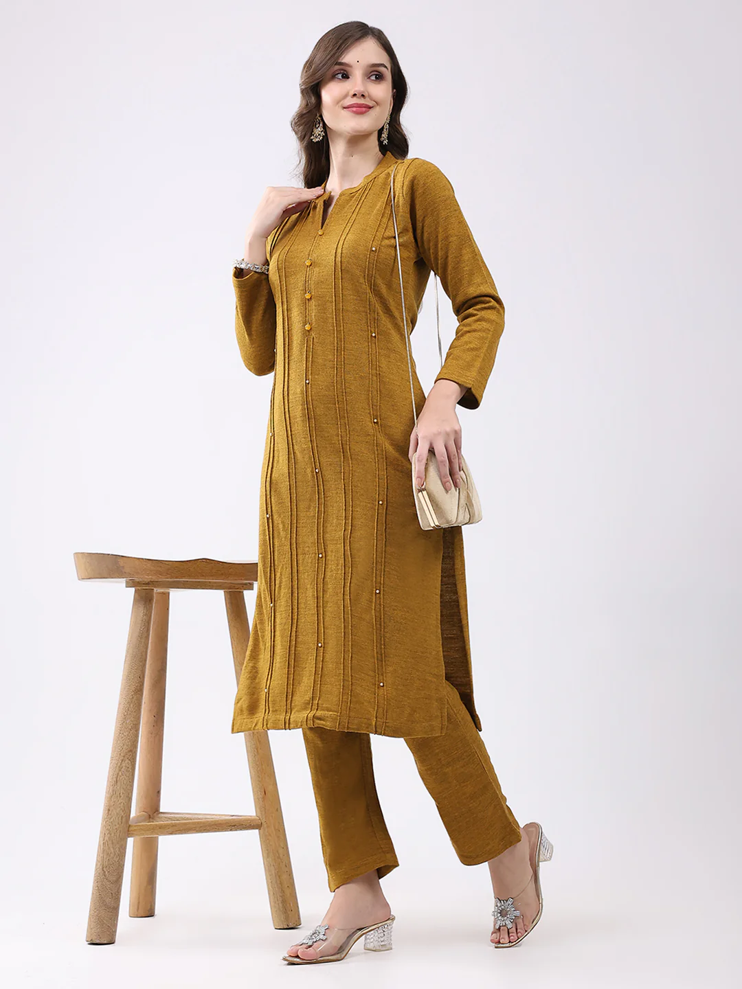 Women Mustard Self Design Round Neck Full Sleeve Kurti Set for Winter - Image 2