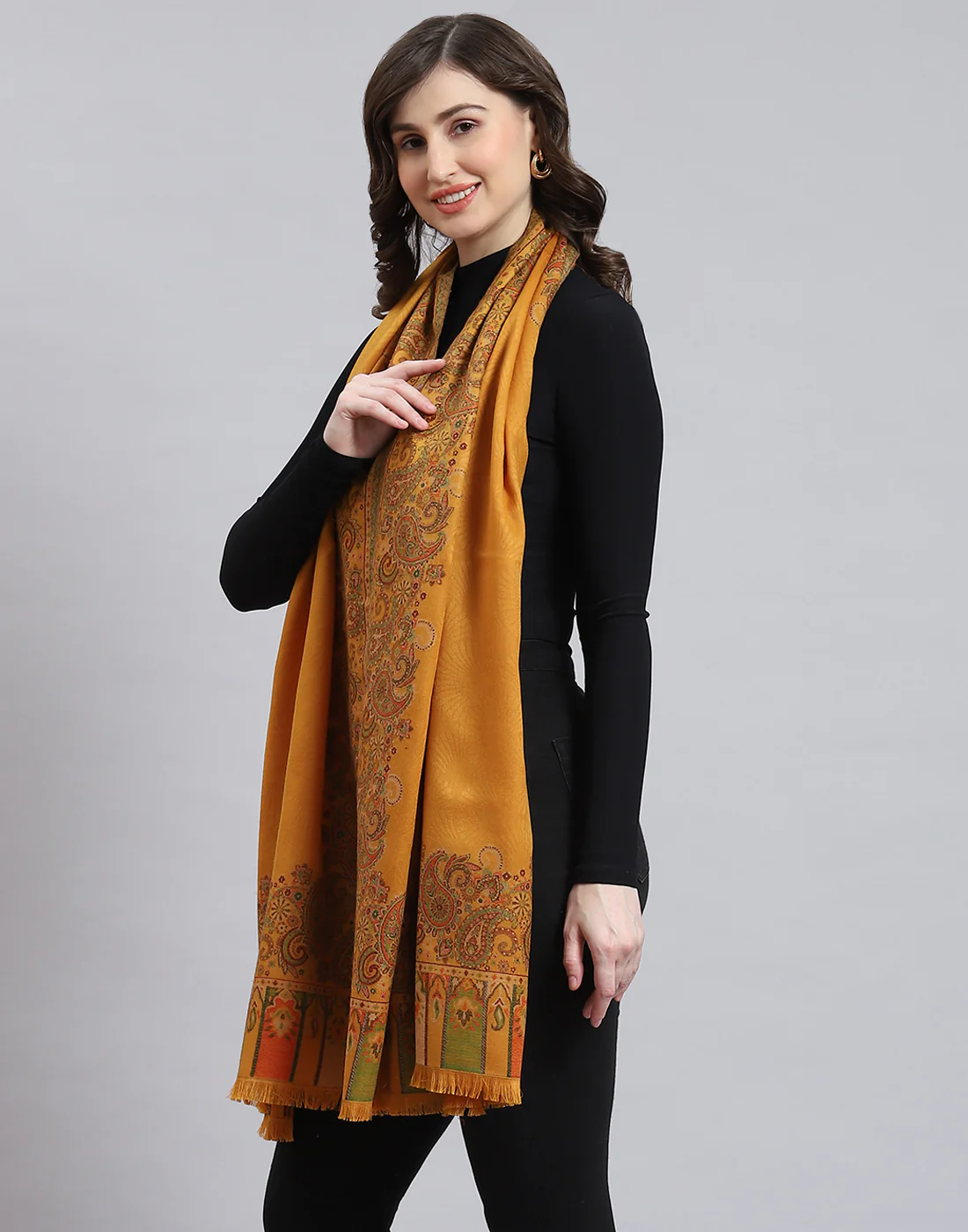 Women Mustard Self Design Shawl - Image 3