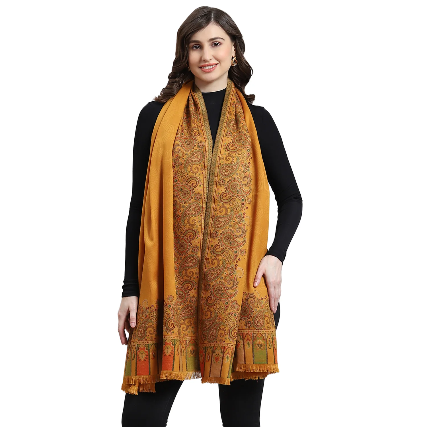 Women Mustard Self Design Shawl - Image 5