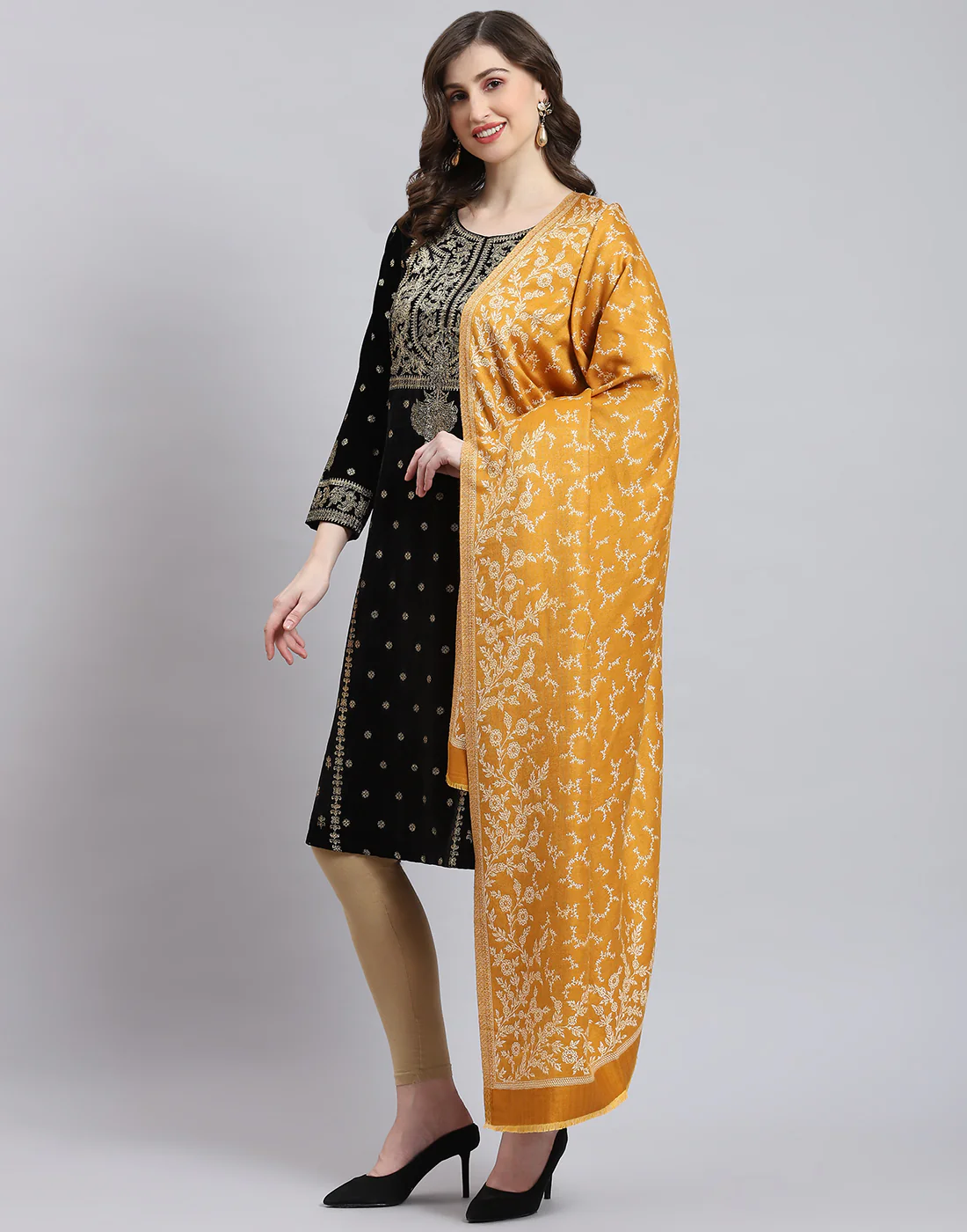 Women Mustard Self Design Shawl - Image 3