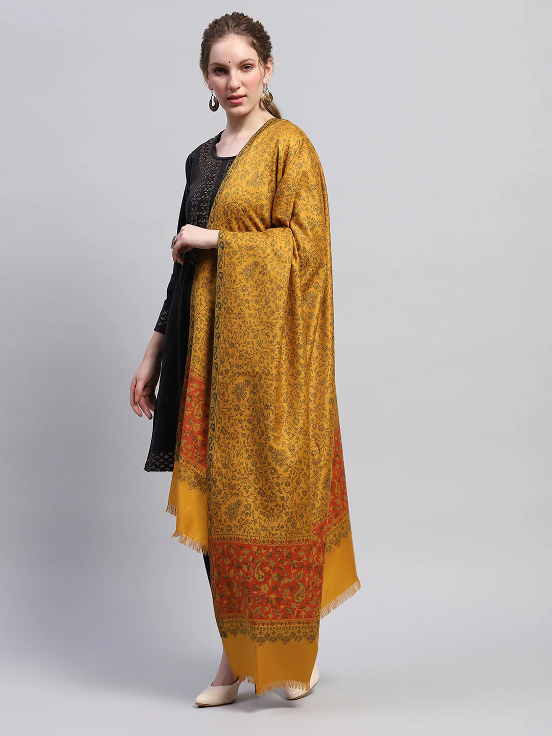 Women Mustard Self Design Shawl - Image 3
