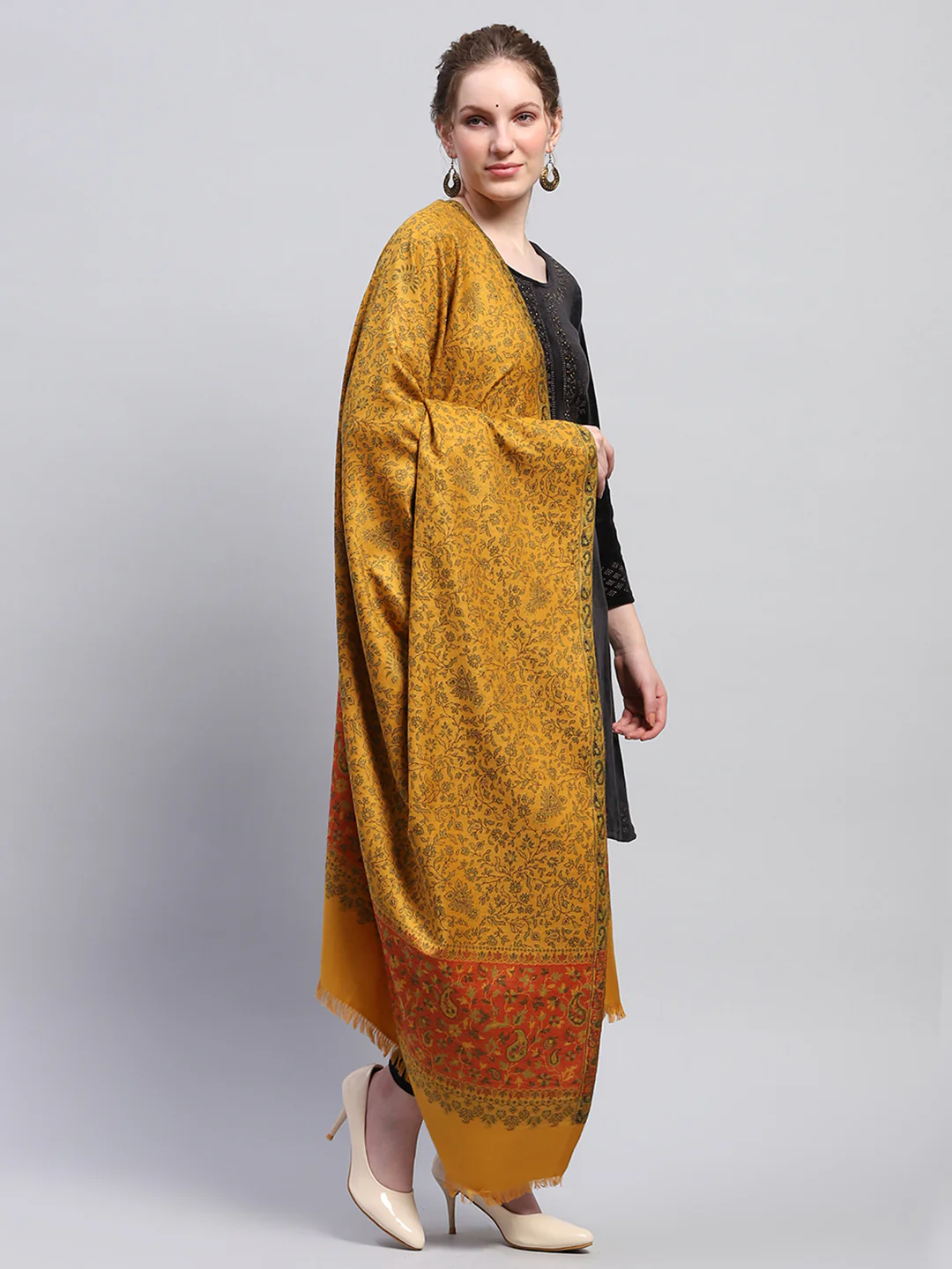 Women Mustard Self Design Shawl - Image 4