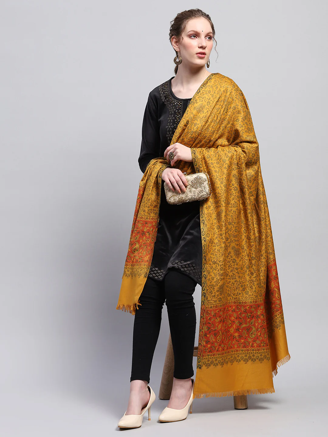 Women Mustard Self Design Shawl - Image 5