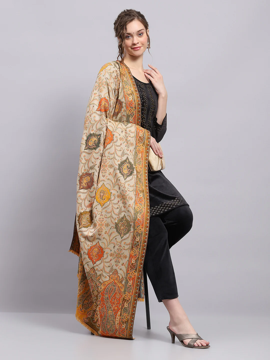 Women Mustard Self Design Shawl - Image 5