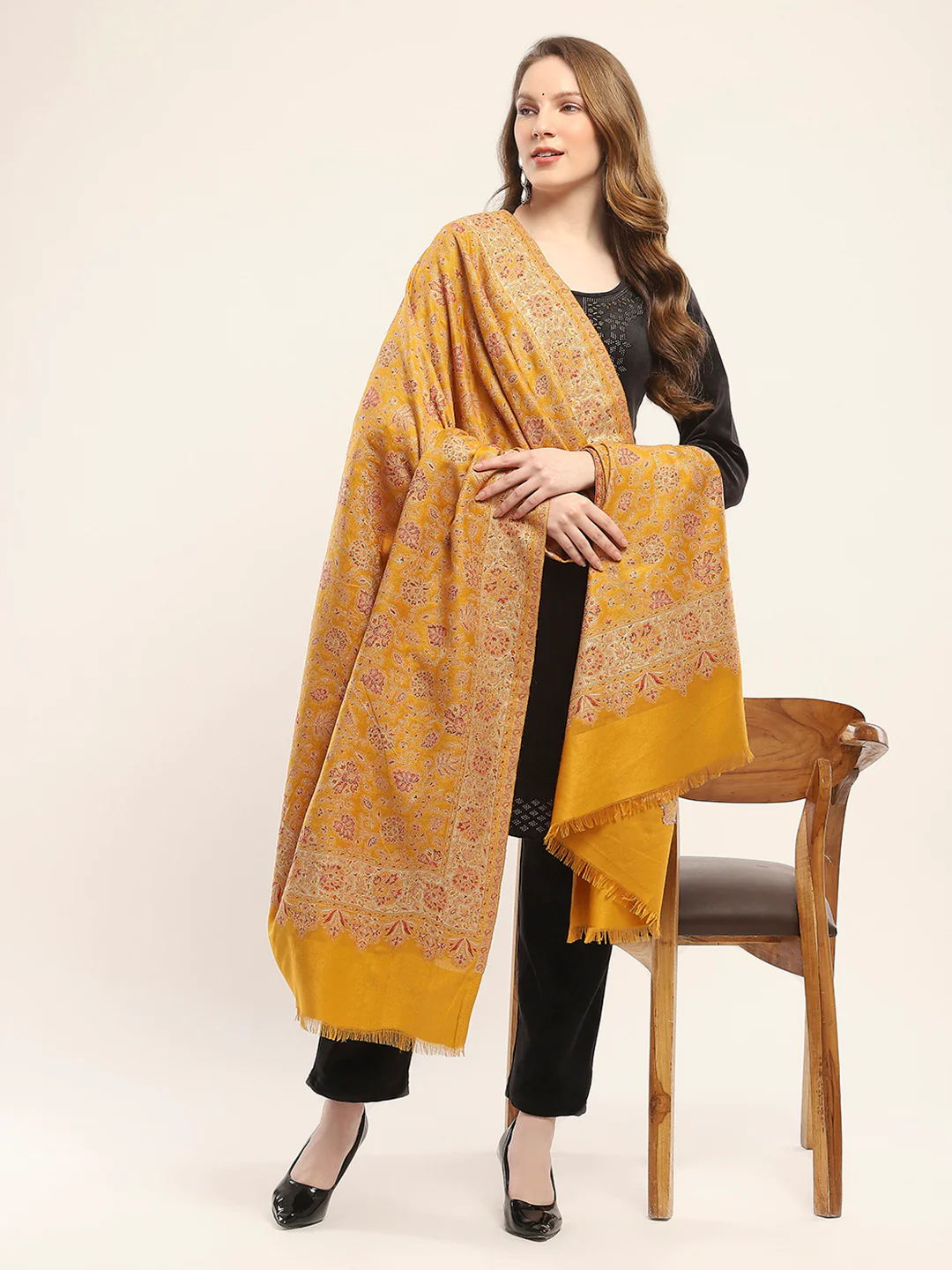Women Mustard Self Design Shawl - Image 2