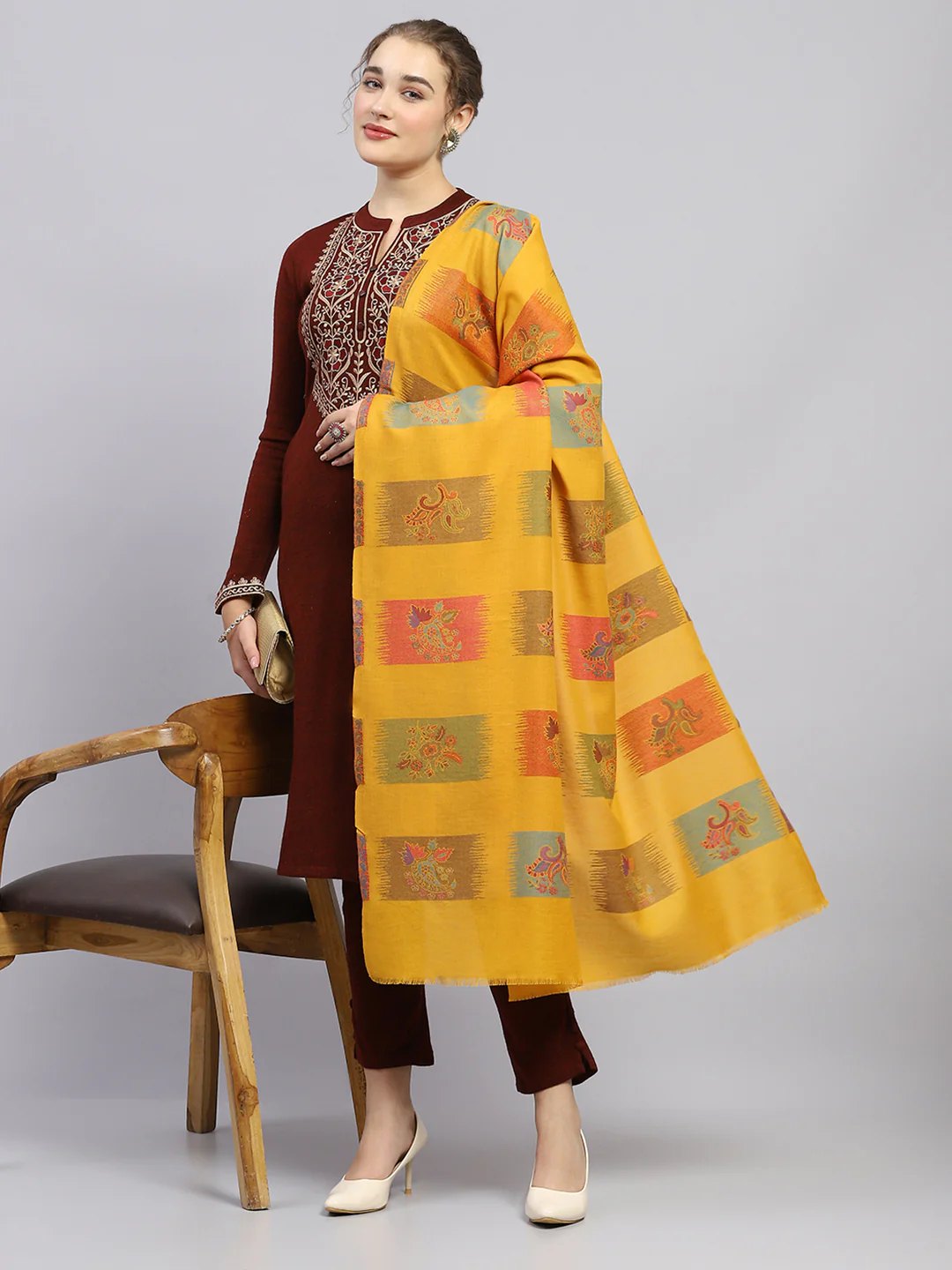 Women Mustard Self Design Shawl - Image 2