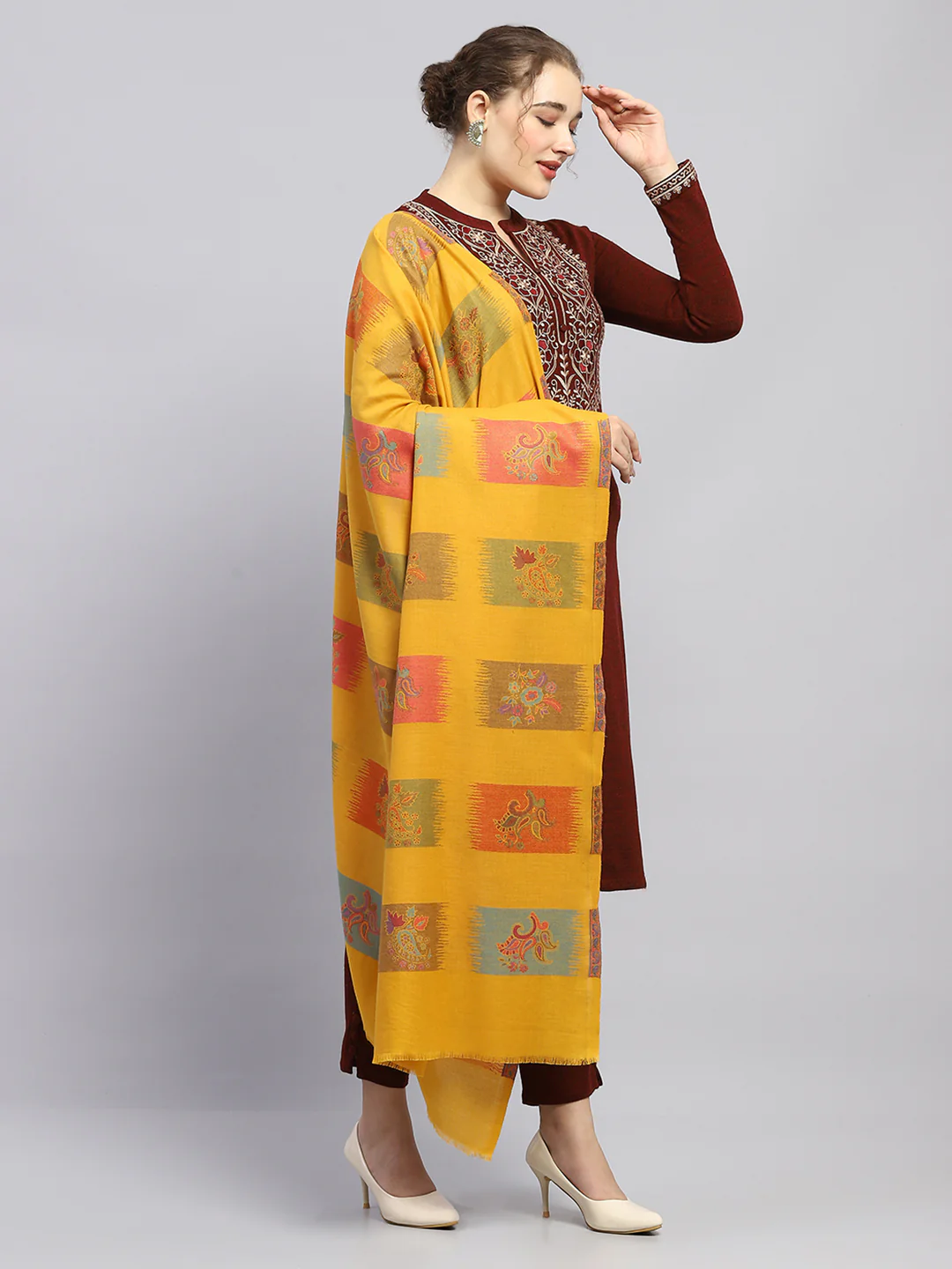 Women Mustard Self Design Shawl - Image 4