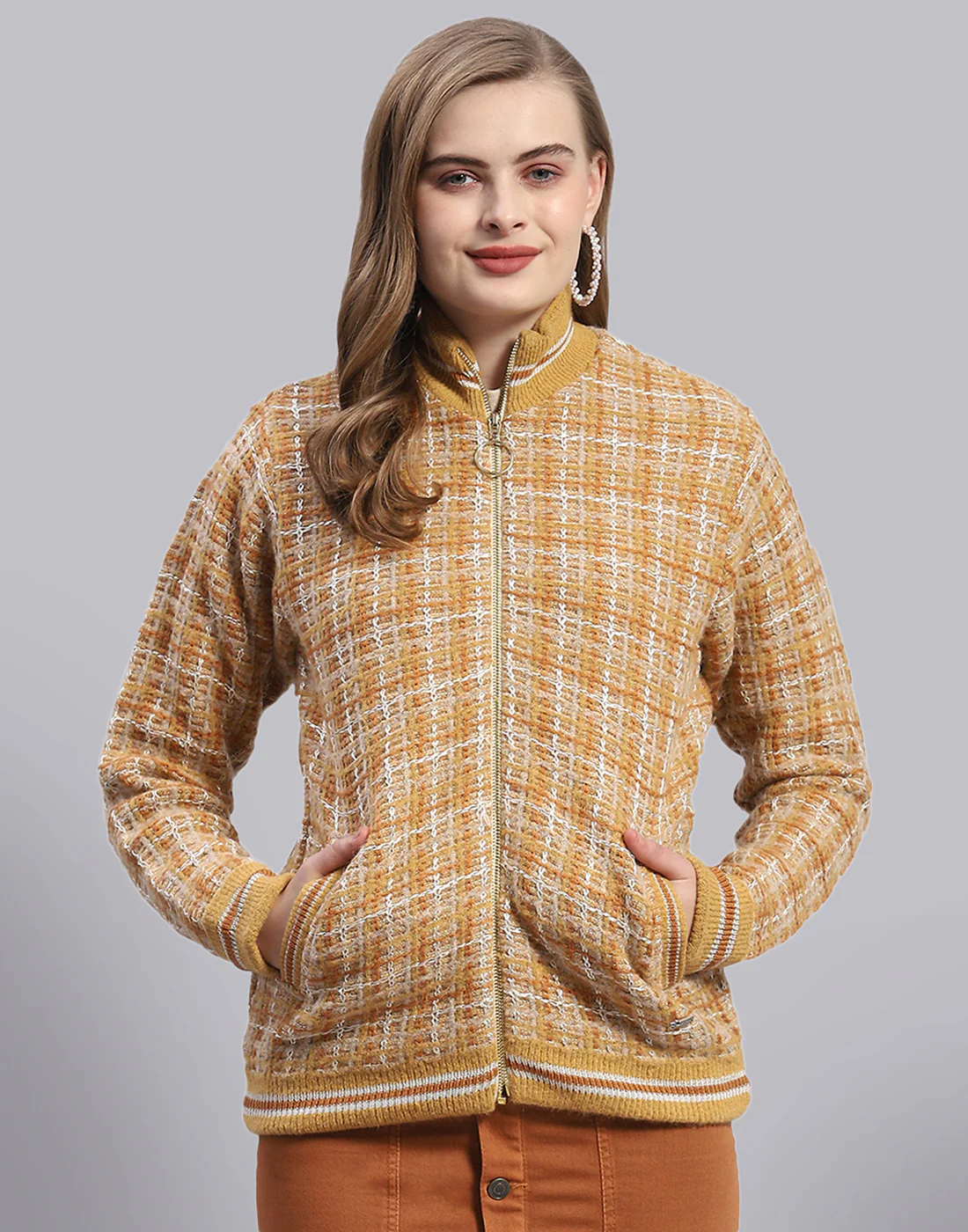 Women Mustard Self Design Stand Collar Full Sleeve Jacket - Image 2