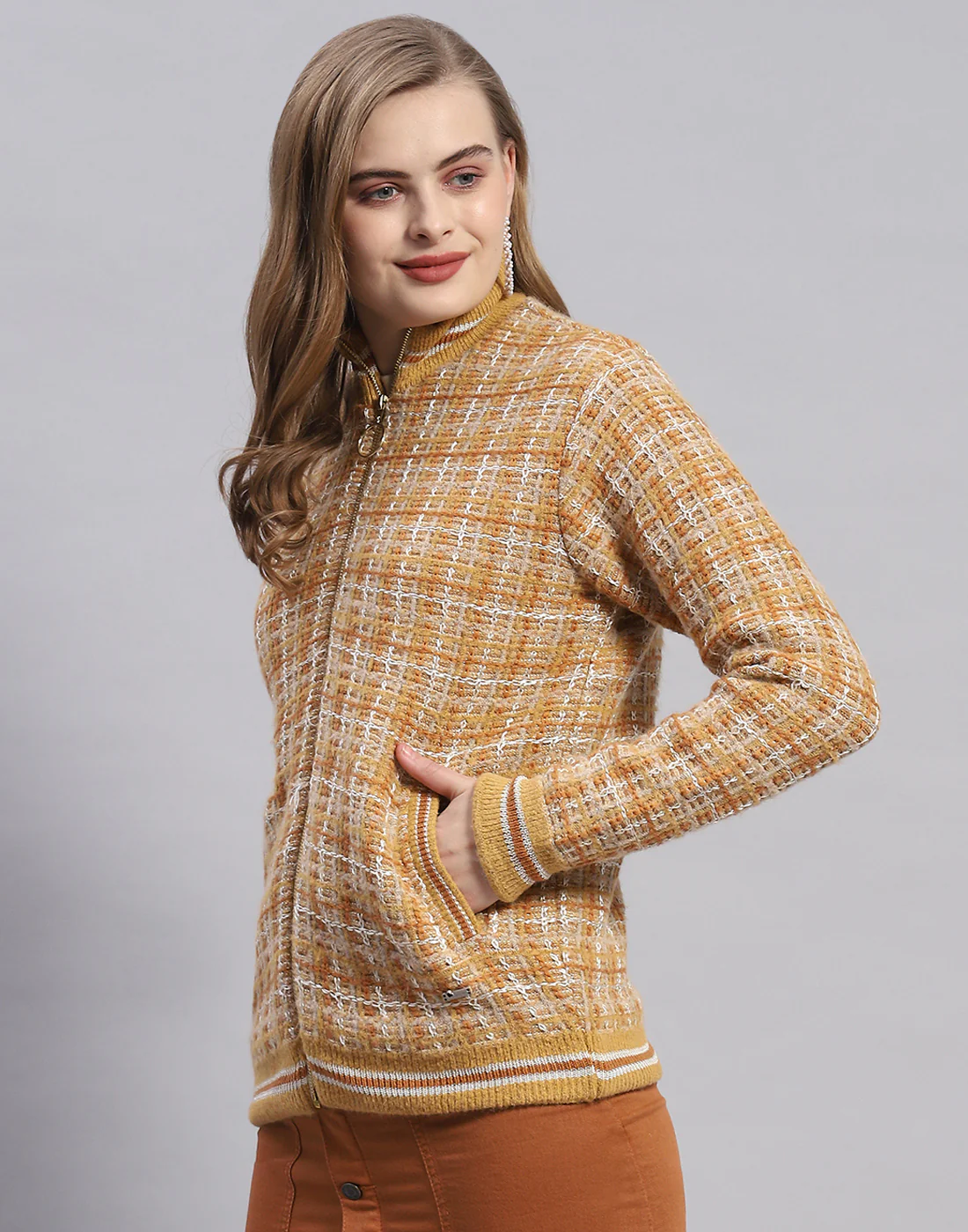 Women Mustard Self Design Stand Collar Full Sleeve Jacket - Image 3