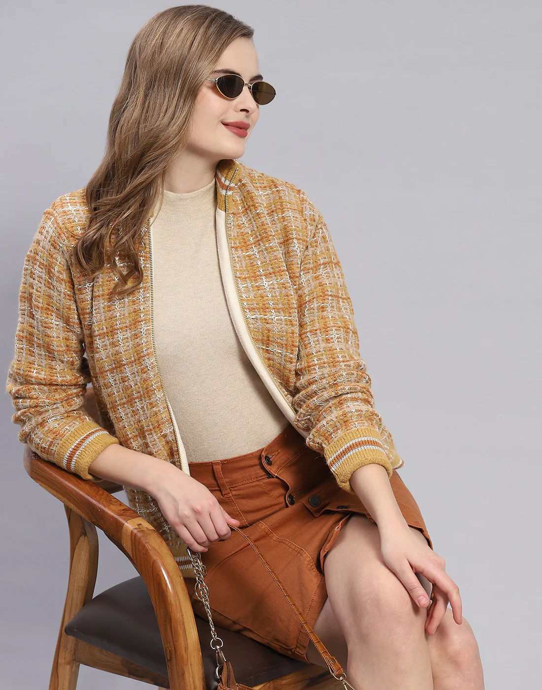 Women Mustard Self Design Stand Collar Full Sleeve Jacket - Image 6