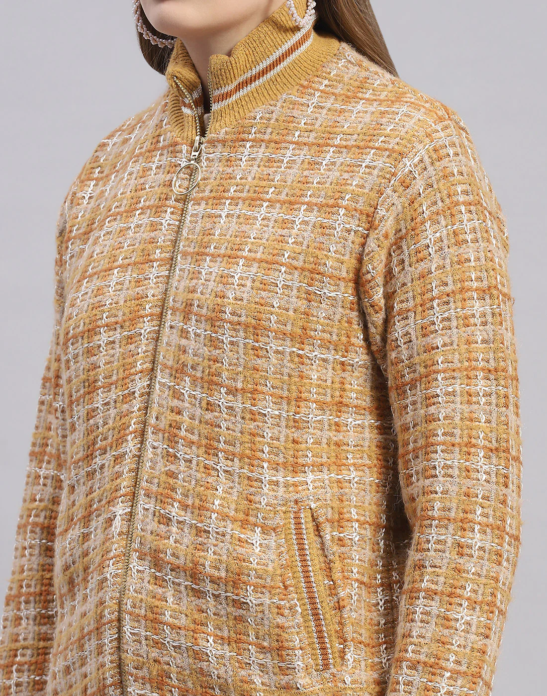 Women Mustard Self Design Stand Collar Full Sleeve Jacket - Image 7