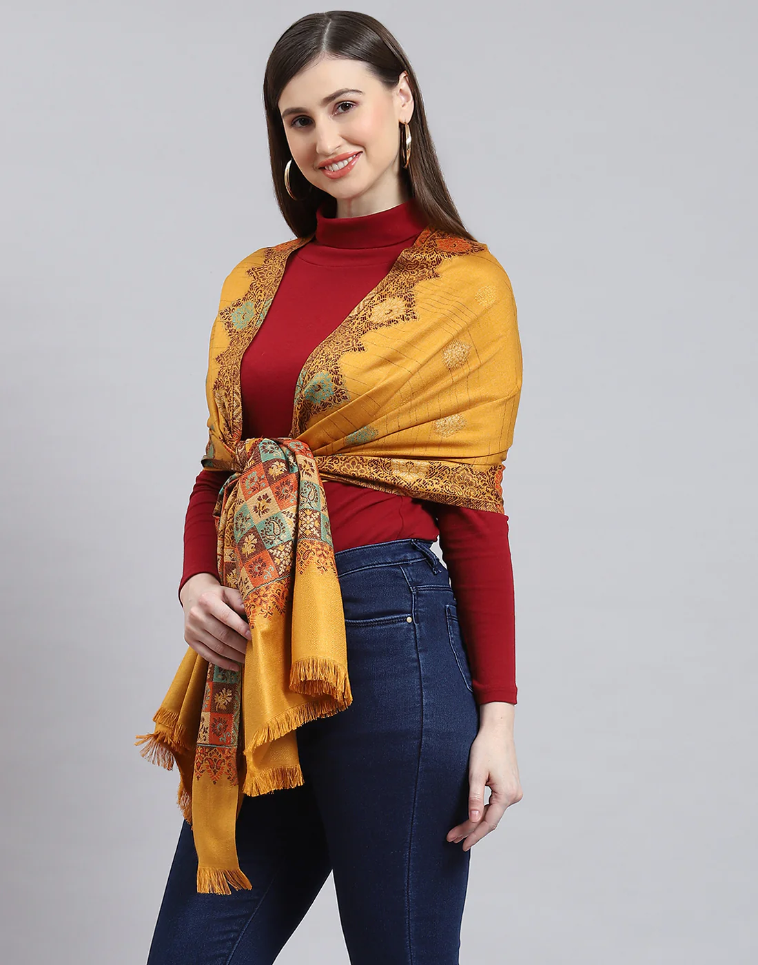 Women Mustard Self Design Stole - Image 3