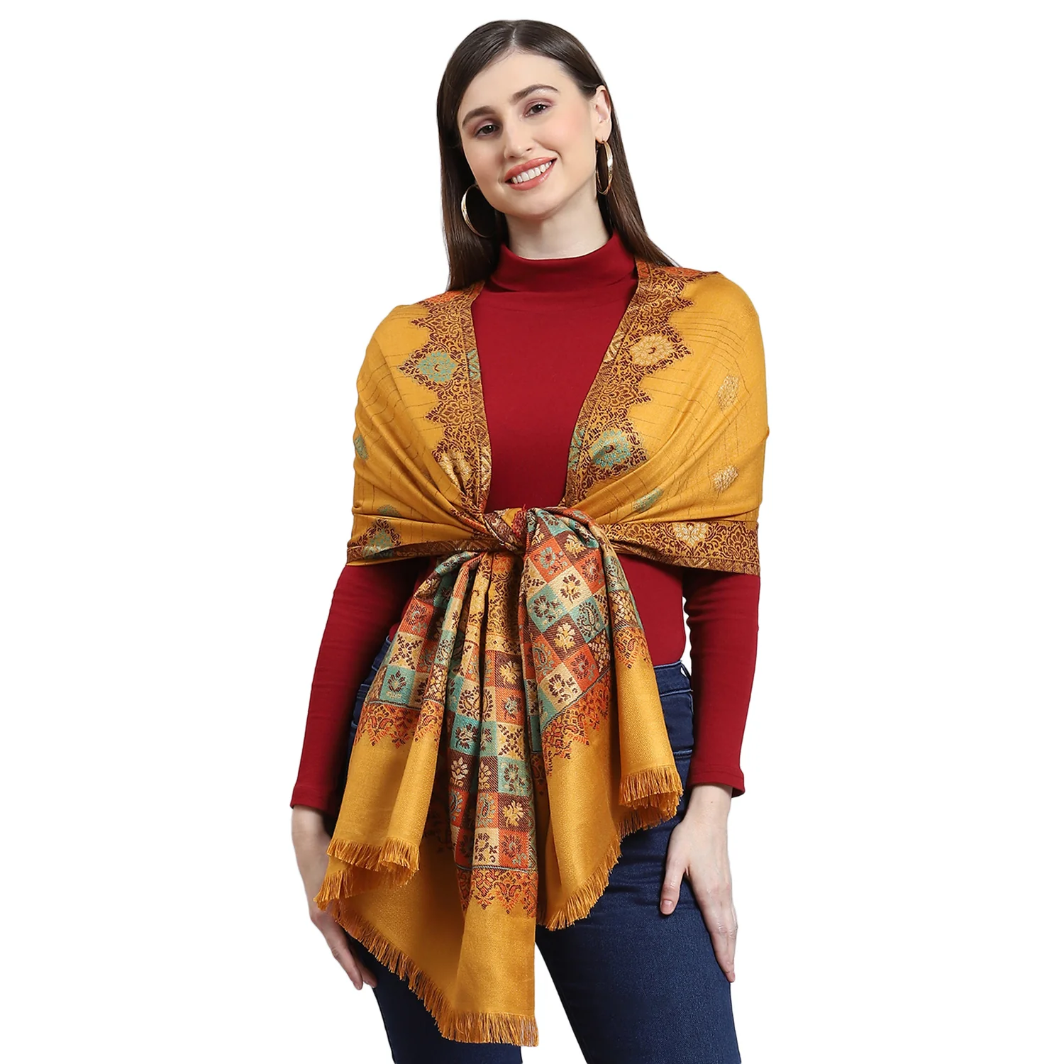 Women Mustard Self Design Stole - Image 5