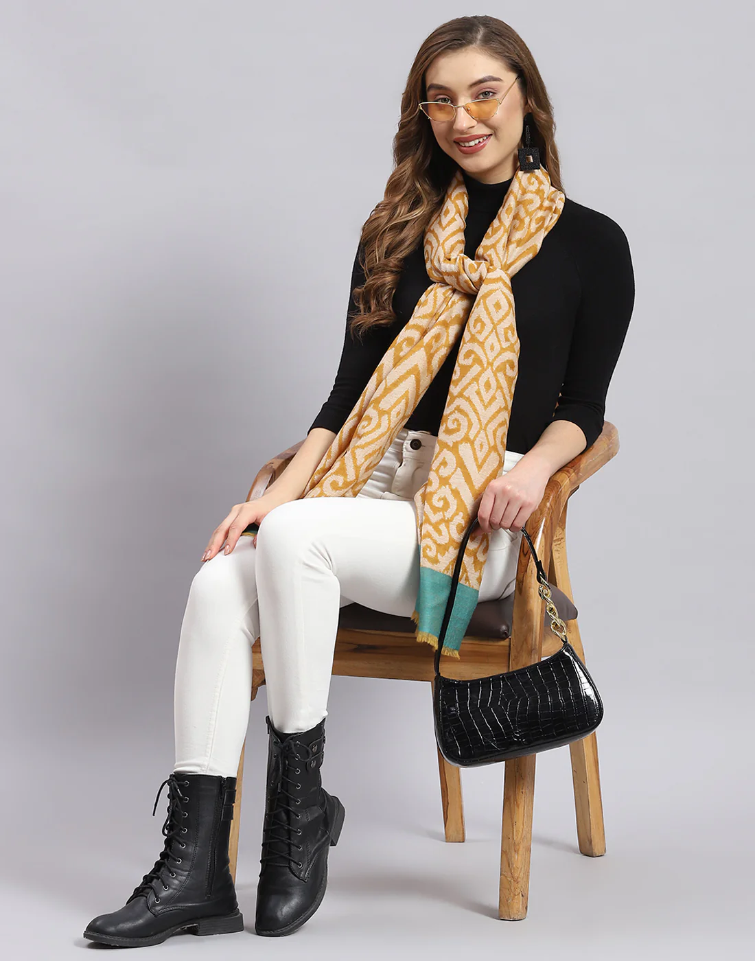 Women Mustard Self Design Stole - Image 2
