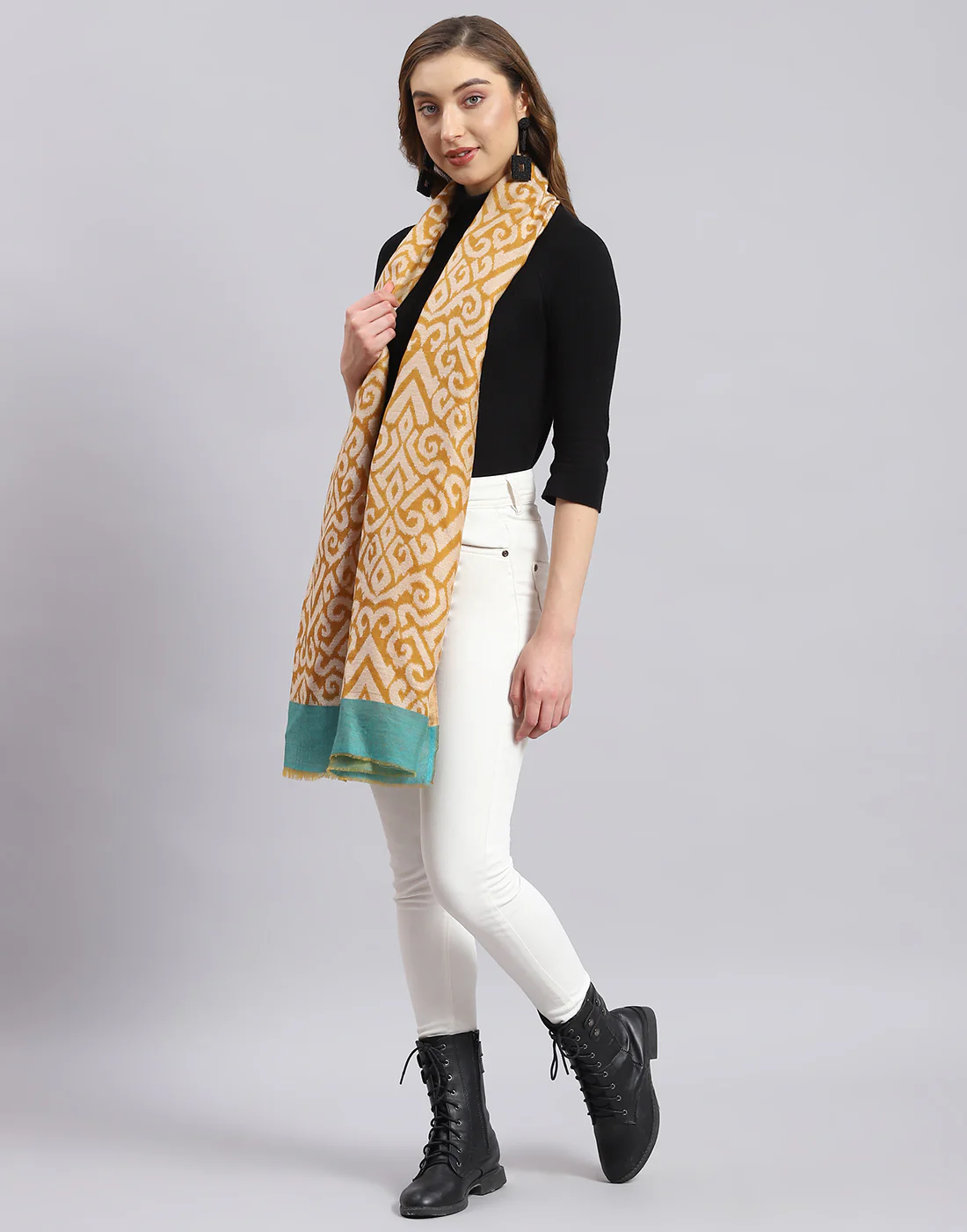 Women Mustard Self Design Stole - Image 4