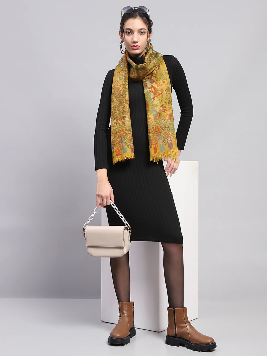 Women Mustard Self Design Stole - Image 2
