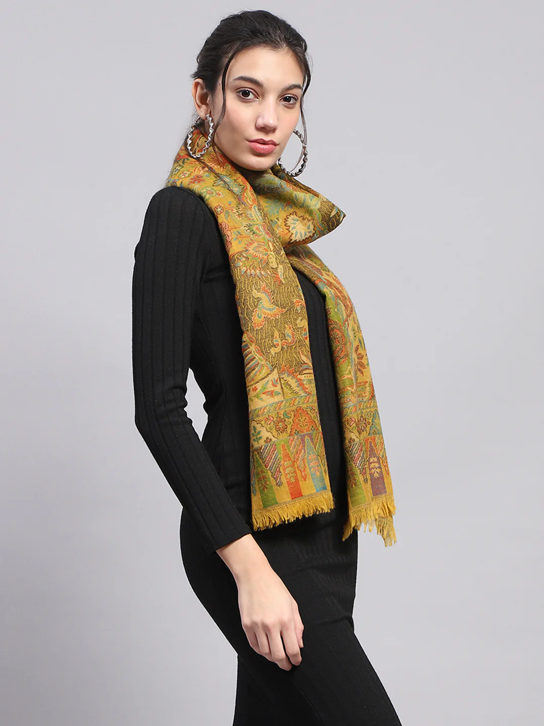 Women Mustard Self Design Stole - Image 5